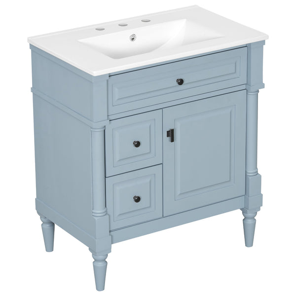 English Elm 30" Freestanding Bathroom Vanity Rubberwood Frame Ceramic Sink Flip Drawer Storage Blue+Grey N725P356062E