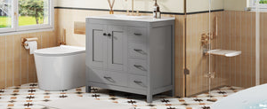 English Elm 36" Gray Bathroom Vanity with Ceramic Sink, 5 Drawers & Soft-Close Doors, Solid Wood Modern Storage N729P183735E