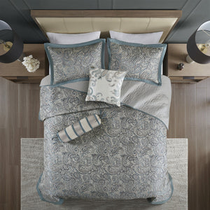 English Elm 5 Piece Jacquard Bedspread Set with Throw Pillows Queen Paisley Pattern Grey-Trimmed Quilted Luxury Teal 18.11 L x 22.83 W x 8.27 H B035P148360