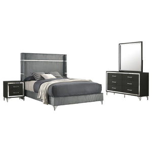 English Elm Malcolm Queen Bedroom Set Velvet Wingback Bed Chrome Accents Glam Suite Grey+Black B062S01746