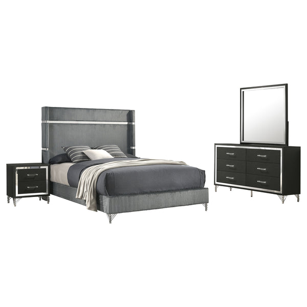 English Elm Malcolm Queen Bedroom Set Velvet Wingback Bed Chrome Accents Glam Suite Grey+Black B062S01746
