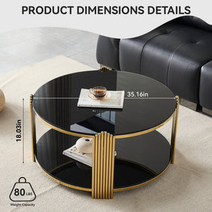 English Elm 35inch Round Coffee Table Dual Tier Tempered Glass Gold Steel Frame Living Room W3357P395503