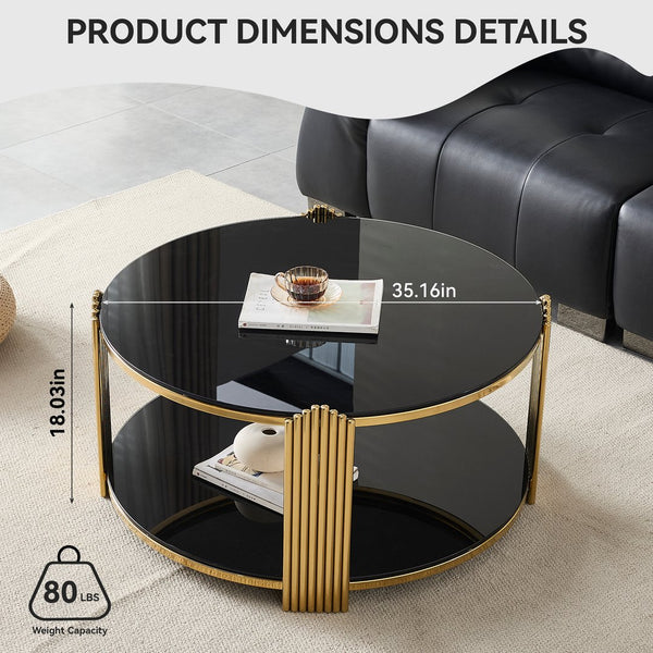 English Elm 35inch Round Coffee Table Dual Tier Tempered Glass Gold Steel Frame Living Room W3357P395503