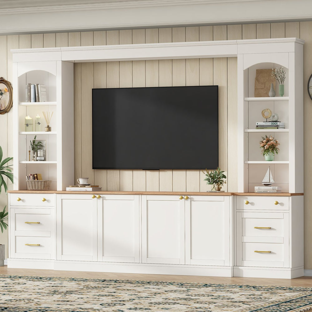 English Elm Farmhouse Arched Wall Entertainment Unit Wood Grain Media Console Fits Tvs to 70in White N721S000079K