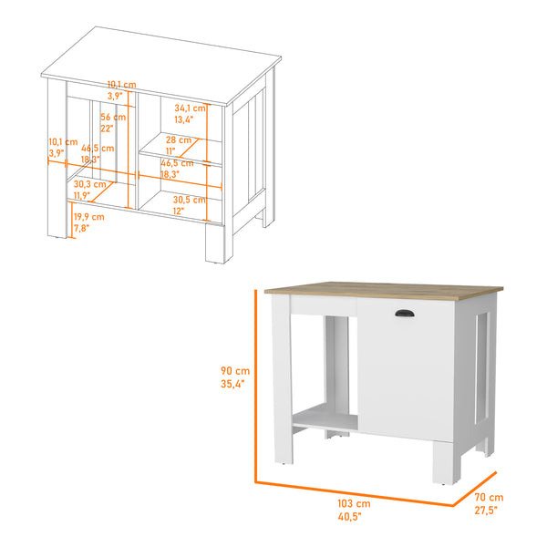 English Elm Lander Kitchen Island with Single Door, Lower Open Shelf, White/Macadamia Finish — Stylish Prep Station B128P148925