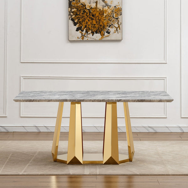 English Elm Marble Dining Table For 6-8, 70'' Rectangle Faux Marble Top With Gold Stainless Steel Base, Modern Elegance W3456S00012