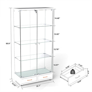 English Elm Modern Glass Display Cabinet With Led Lights & Drawers - Stylish 4-Shelf Storage For Any Room W241S00058