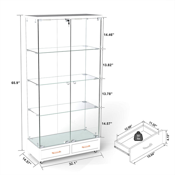 English Elm Modern Glass Display Cabinet With Led Lights & Drawers - Stylish 4-Shelf Storage For Any Room W241S00058