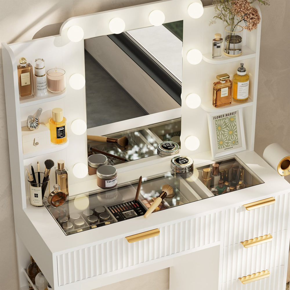 English Elm Vanity Desk Set with Led Mirror Charging Station Five Drawers and Cushioned Stool White T3773P416291