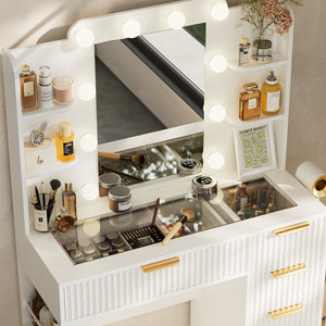 English Elm Vanity Desk Set with Led Mirror Charging Station Five Drawers and Cushioned Stool White T3773P416291