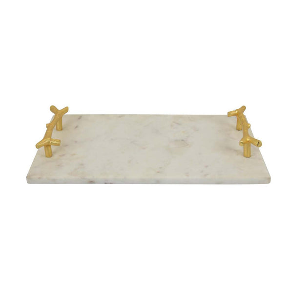 English Elm Pammy White Marble Rectangular Tray with Sculptural Gold Branch Handles for Vanity B056P417012