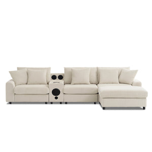 English Elm 114*64'' Corduroy Cloud Sectional with Bluetooth Speakers Usb Charging Ottoman Lounge Sofa N723S9756A