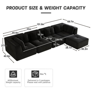 English Elm Modern Corduroy Sectional Sofa with Movable Ottoman Deep Seat Tufted Living Room Couch Black W714S01793