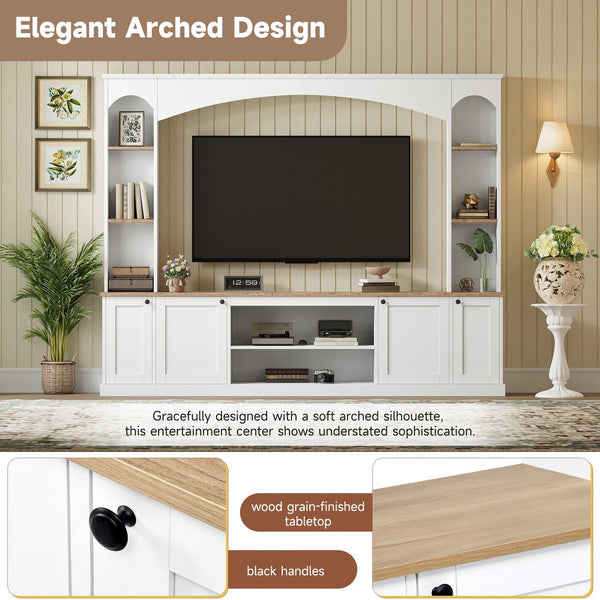 English Elm Arched Farmhouse Entertainment Center with Open Shelving for Living Room White N721S000063K