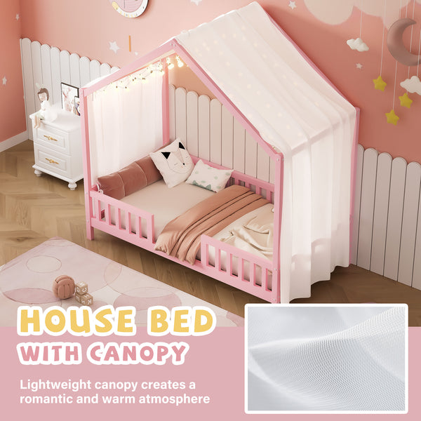 English Elm Montessori House Bed Frame Twin with Canopy & Full Guardrails, Cozy Kids Platform Bed for Toddlers Pink 81.5 L x 16 W x 6.6 H N733P356043H