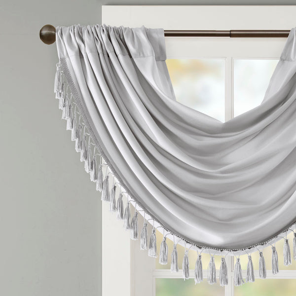 JLA Home Madison Park - Faux Lustrous Silk Waterfall Valance with Tassel Trim, OEKO-TEX Certified Draped Accent for Windows Silver MP41-7410