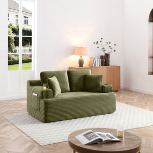 English Elm Boneless Floor Sofa Corduroy Upholstered 5 Seat Low Profile with Cup Holders for Living Room Green W1117S00434