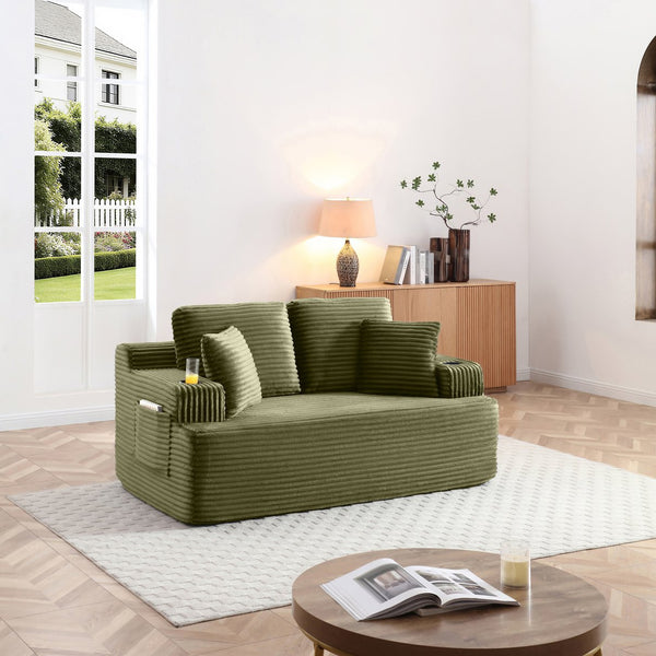 English Elm Boneless Floor Sofa Corduroy Upholstered 5 Seat Low Profile with Cup Holders for Living Room Green W1117S00434