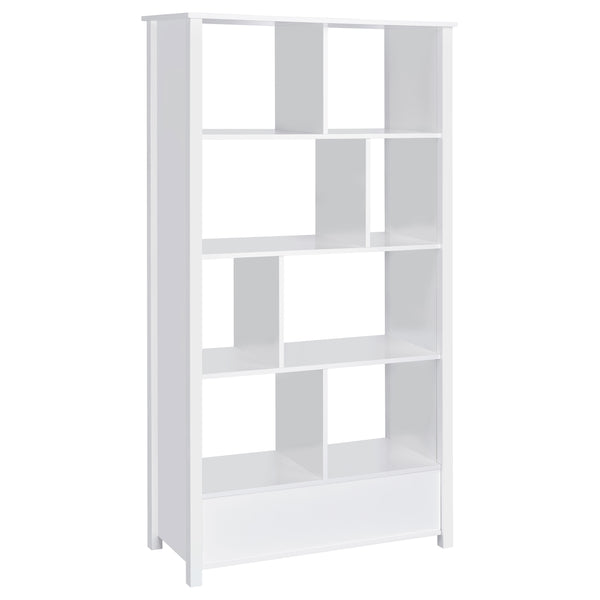 English Elm Dylan White High Gloss 4-Shelf Bookshelf with Curved Glass Top, Bottom Drawer & Sleek Modern Storage cabinetry B062P344933