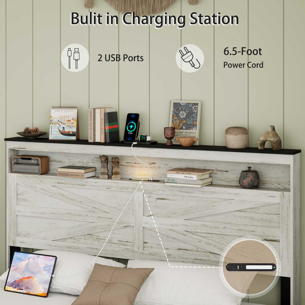 English Elm King Platform Storage Bed Farmhouse Shelf Headboard with Usb Charging Ports W636P317332