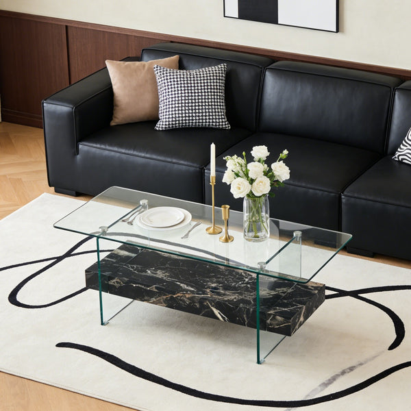 English Elm Rectangular Two Tier Glass Coffee Table with Marble Shelf for Modern Living Rooms W2920P226071