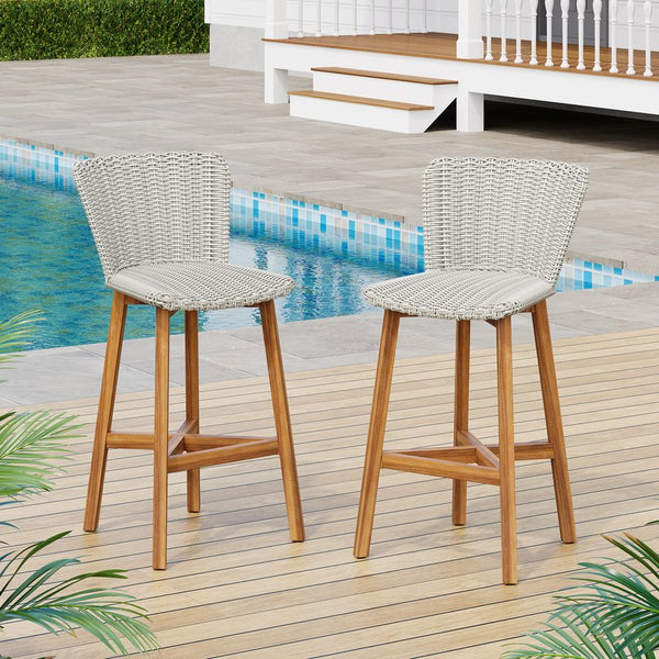 English Elm Christopher Knight Home® - Lymington Outdoor Bar Stool Set of 2 — Durable Acacia & Wicker Craft, Ergonomic 105° Backrest Comfort LIGHT GREY,Teak N775P278094G