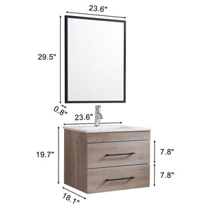 English Elm 24-Inch Modern Wall-Mounted Bathroom Vanity With Double Drawers, Soft-Close Sink & Mirror Set W3151S00007