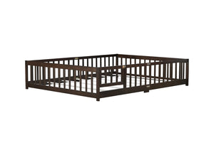 English Elm Queen Rubber Wood Floor Bed with Full Perimeter Safety Fence and Hinged Access Door Espresso W504P429342