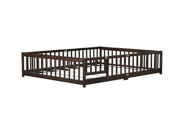 English Elm Queen Rubber Wood Floor Bed with Full Perimeter Safety Fence and Hinged Access Door Espresso W504P429342