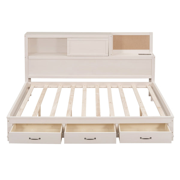 English Elm Full Size Gray Wood Daybed with Storage Drawers Shelf Usb Charging Upholstered Back LP002025AAK-1