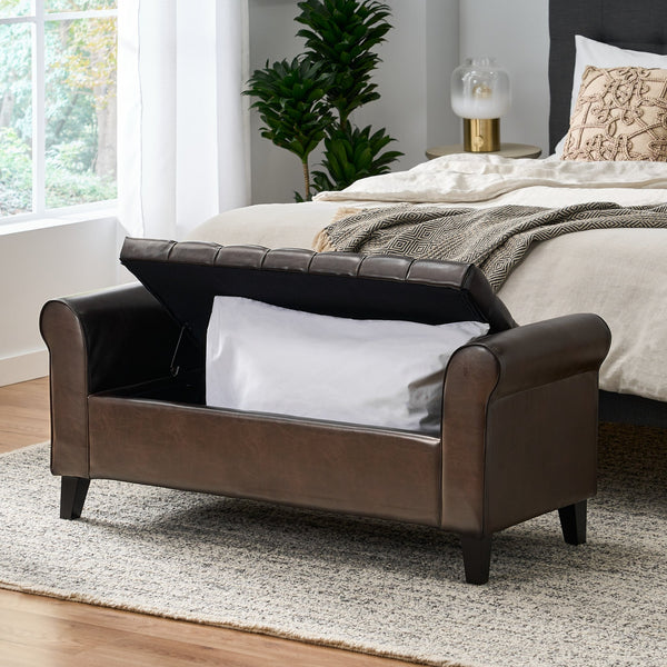 English Elm Brown Tufted Linen Storage Bench with Rolled Arms for Bedroom or Entryway N770P372389D
