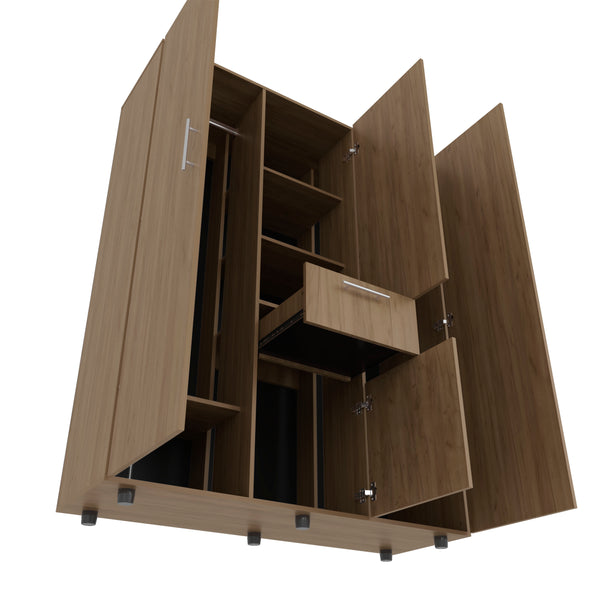 English Elm FM FURNITURE Alamo Lake Armoire 4-Door Multi-Storage with Shelves, Hanging Rods & Smooth Drawer in Oak B128S00050