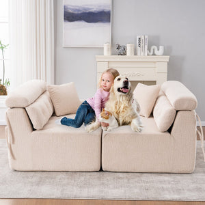 English Elm LY-029 Apricot Modular 4-Seater Sofa with Wood-Grain Chenille, High-Density Foam, 2 Pillows, Durable Comfort W2231S00023