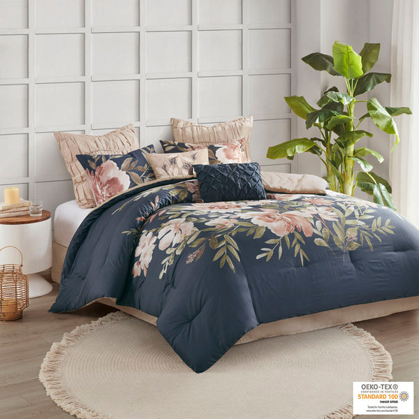 JLA Home Madison Park - 8 Piece Cotton Comforter Set Madison Park Camillia – OEKO-TEX Floral Navy & Blush, Hotel-Style 8pc Bedroom Ensemble MP10-7297