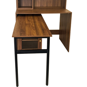 English Elm Computer Desk with Glass Doors, Hutch & Drawer Storage, Rotating 90° Desktop and Spacious Work Surface Walnut W331S00195