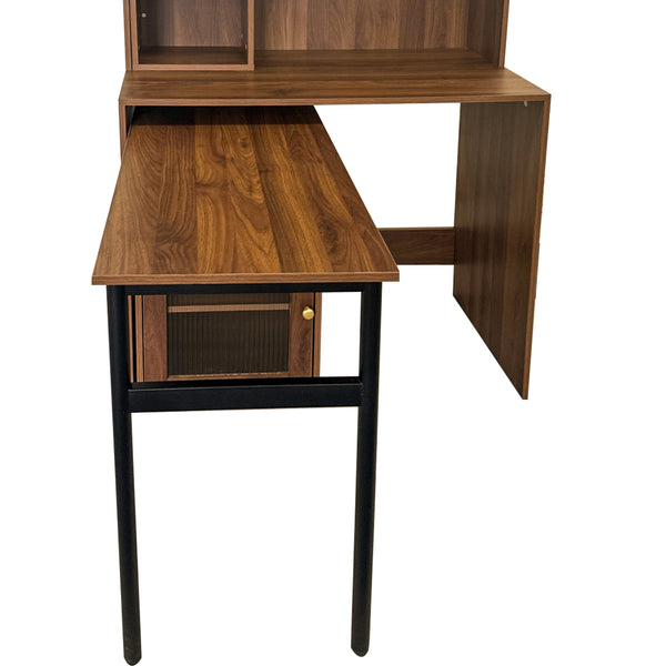 English Elm Computer Desk with Glass Doors, Hutch & Drawer Storage, Rotating 90° Desktop and Spacious Work Surface Walnut W331S00195