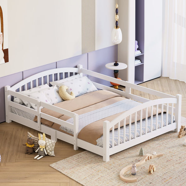 English Elm Full Montessori Pine Wood Floor Bed with Safety Rails Low Profile Kids Room Frame White N733P400299K