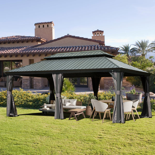 English Elm 12' X 18' Hardtop Gazebo – Durable Metal Canopy With Steel Roof, Curtains, Netting For Year-Round Comfort W1859S00162