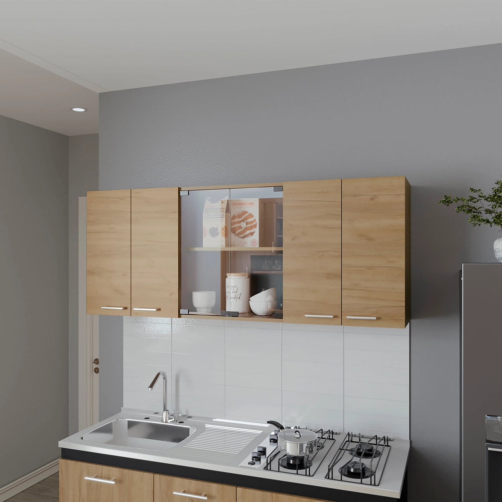 English Elm Natural Oak Wall Cabinet - Elegant Melamine Storage Solution With Glass Doors For Stylish Display B062P290290