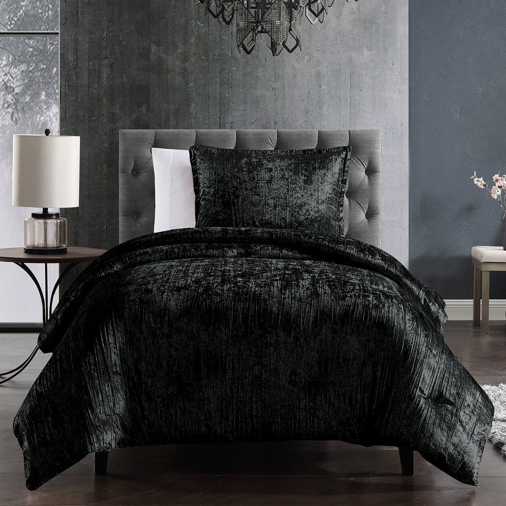 English Elm Turin Black Crinkle Velvet 2-Piece Twin Comforter Set with Sham, Brushed Polyester Backing, Luxury Texture B340P341984