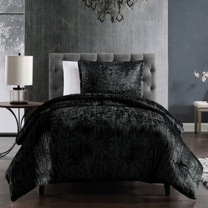 English Elm Turin Black Crinkle Velvet 2-Piece Twin Comforter Set with Sham, Brushed Polyester Backing, Luxury Texture B340P341984