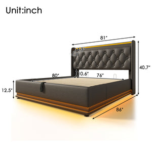 English Elm King Upholstered Bed with Surround LED, App/Remote Control, Hydraulic Storage, USB Type-C Charging Black N736P188808B