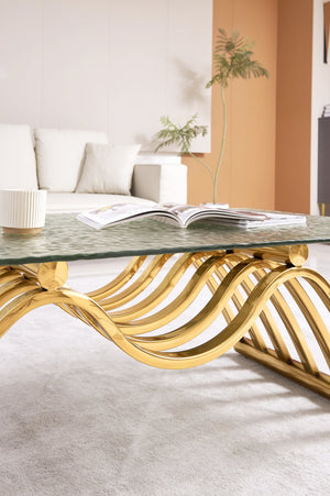 English Elm 47" Rectangle Modern Coffee Table With Ripple Glass Top, Gold Stainless Steel Frame, Easy Assembly W2978S00015