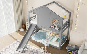 English Elm Full Bunk Bed with Trundle Bookshelf Storage Pine Frame Car Design for Kids Gray W1580S00465