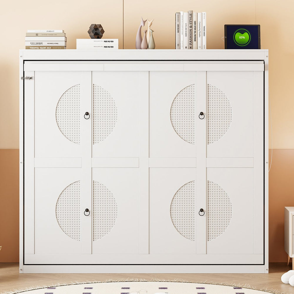 English Elm Full Size Murphy Wall Bed with Rattan Panel Cabinet for Studio and Guest Rooms White N708S00011K-2