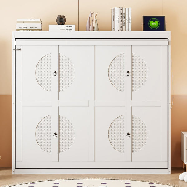 English Elm Full Size Murphy Wall Bed with Rattan Panel Cabinet for Studio and Guest Rooms White N708S00011K-2