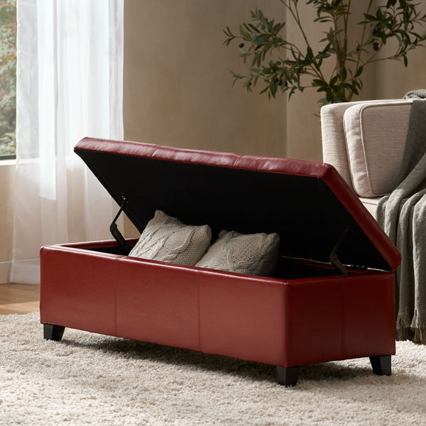English Elm Upholstered Pu Leather Storage Ottoman with Solid Wood Legs Hinged Lid Bench Seat Red N757P414088R