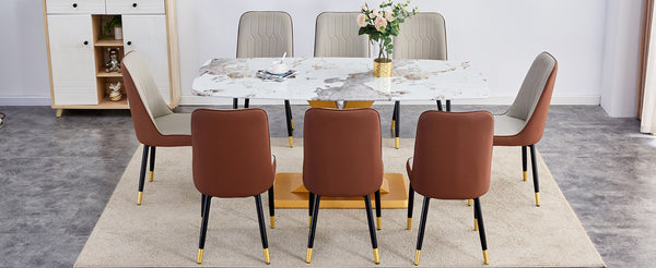 English Elm Table Luxurious Pandora-Patterned Glass Dining Set With Golden Legs & 8 Ergonomic Pu Leather Chairs W1151S03249-GIGA