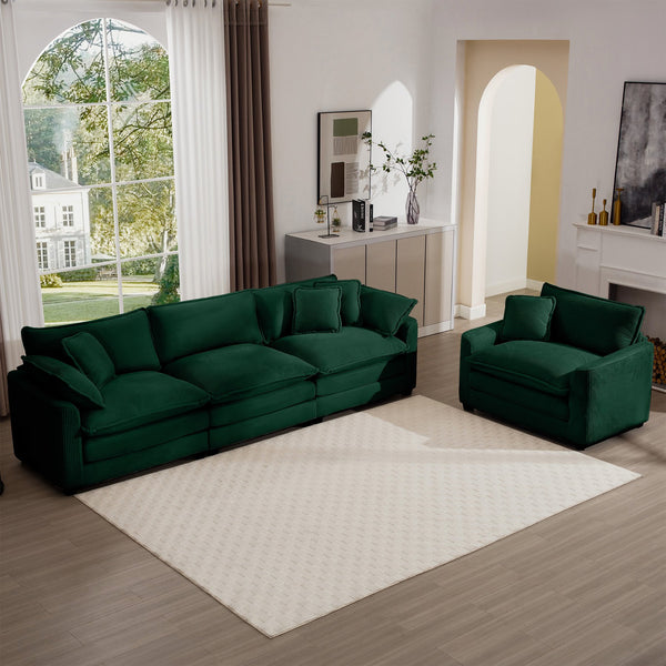 English Elm Mid-Century Modern Sectional Set - Plush Green Corduroy 3-Seater & Single-Seater With Pillows W714S00816