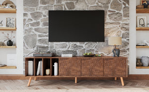 English Elm 70" Mid-Century Modern TV Stand with Lattice Wood Grain, 3 Cabinets & 4 Open Shelves, Walnut Elegance N710P222773P